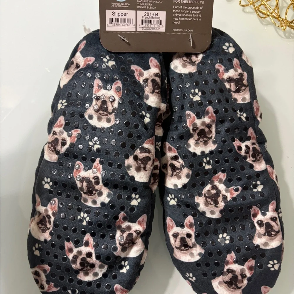 Dog Print Slippers - Navy and White